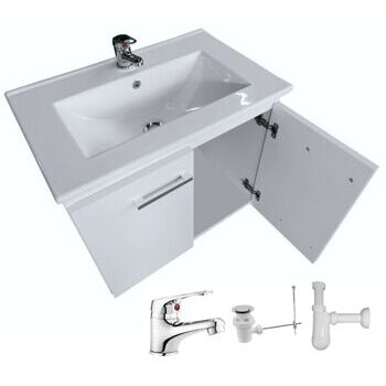 Badmöbel weiss 60cm Set mit Waschbecken Armatur Siphon Ablaufventil