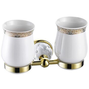 Zahnputzbecher Set Keramik mit Strasssteinen griechisches Design Weiss Gold